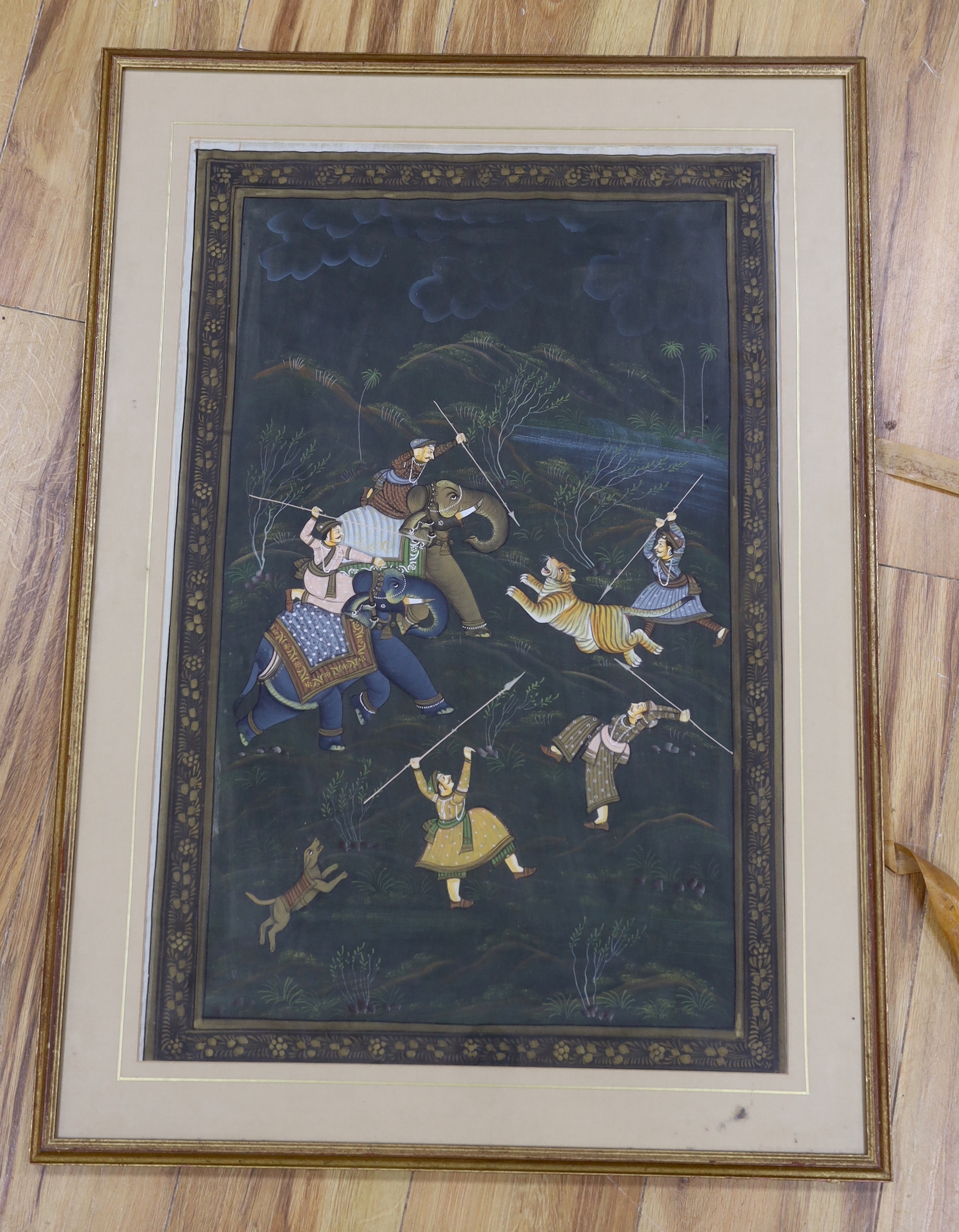 Indian or Persian School, mixed media on fabric, Warriors and tiger, 69 x 45cm